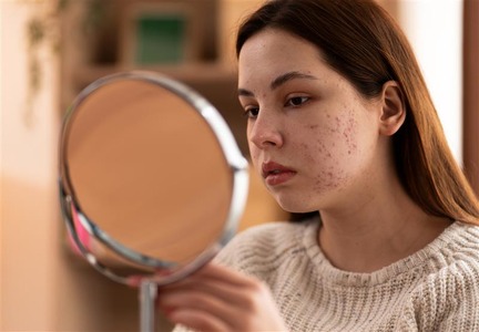 Girl looking in mirror showing acne scars before treatment