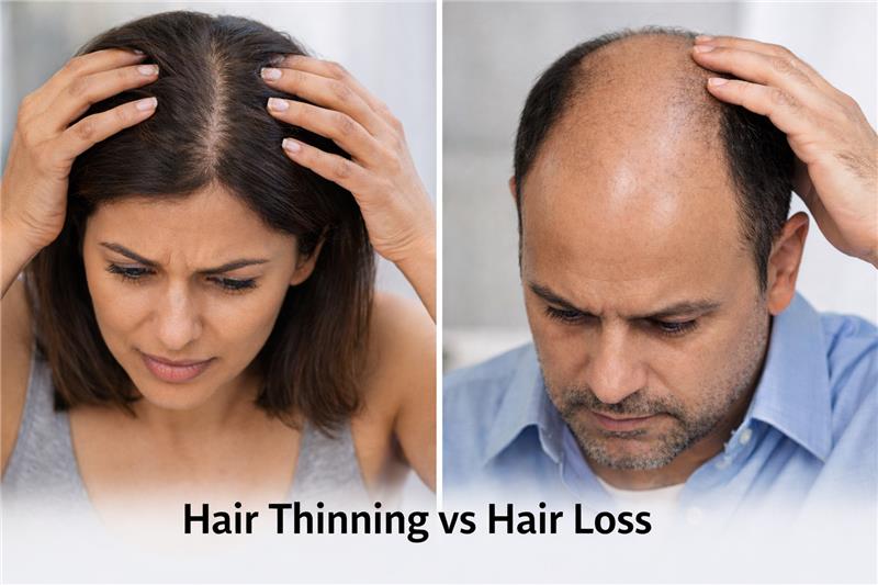 Visual comparison of hair thinning and hair loss on scalp