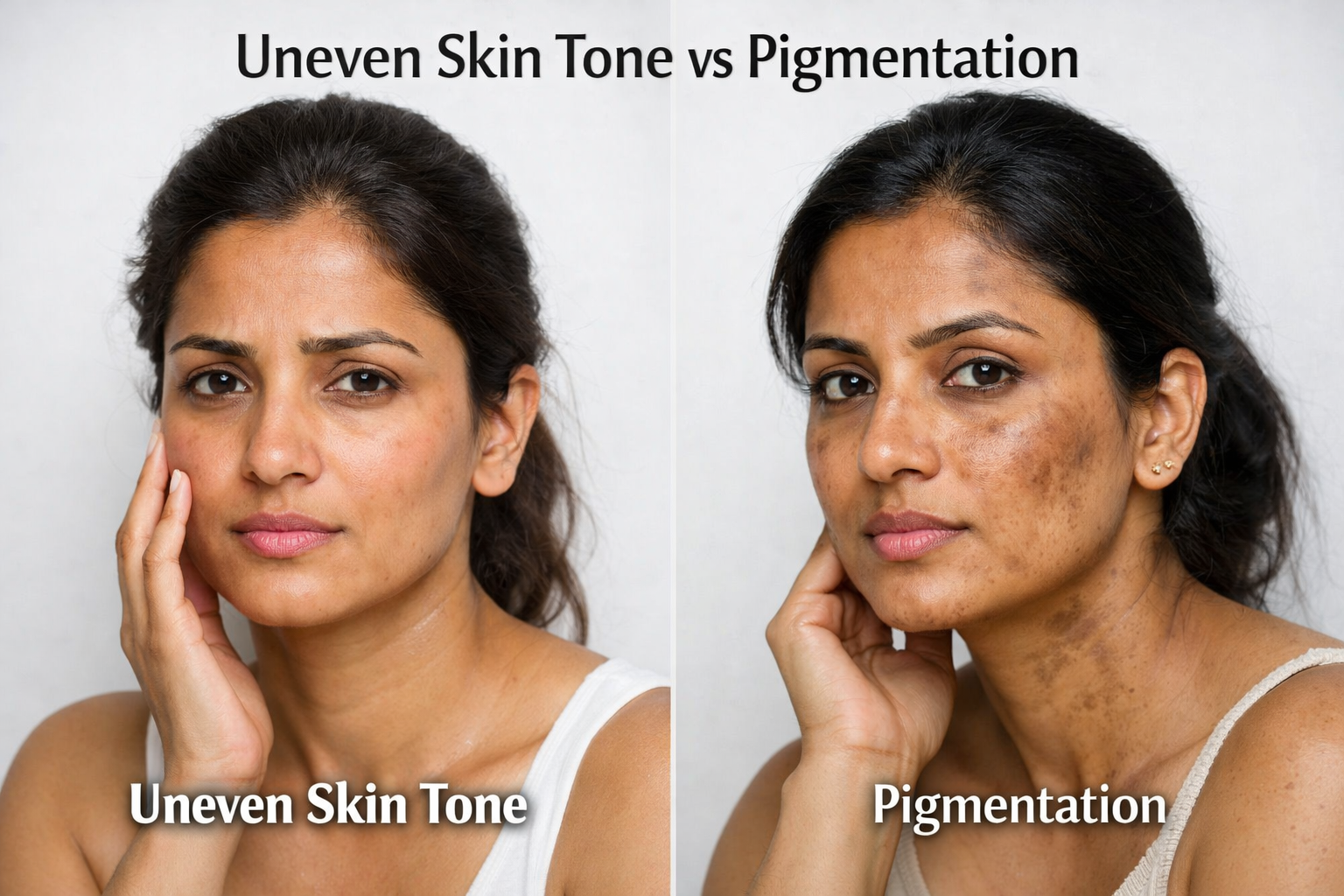 comparison showing uneven skin tone and pigmentation on facial skin