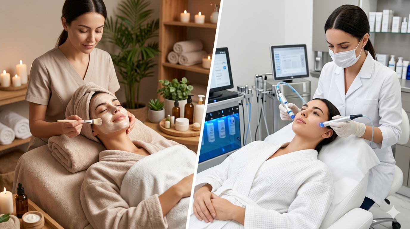 Side by side comparison of salon facial and medi facial