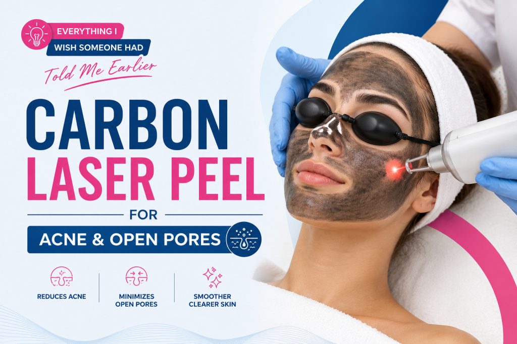 Carbon laser peel treatment for acne reduction and open pore minimization, improving skin texture and clarity.