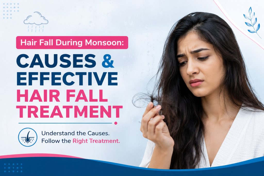Woman experiencing hair fall during monsoon while exploring effective hair fall treatment solutions for healthy hair.