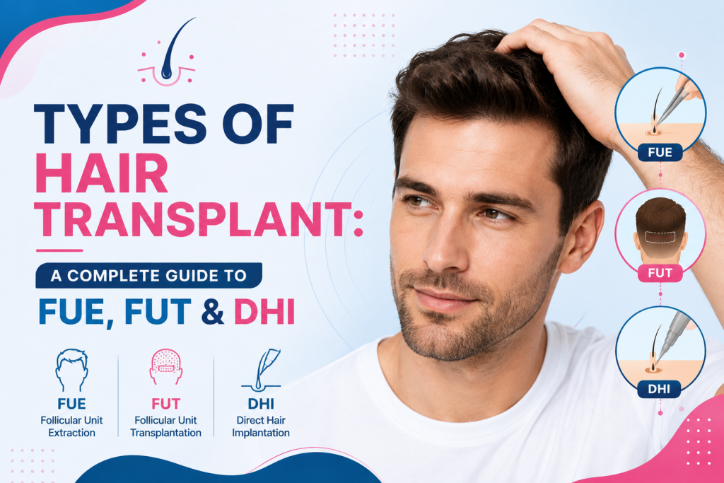 Types of hair transplant including FUE FUT and DHI